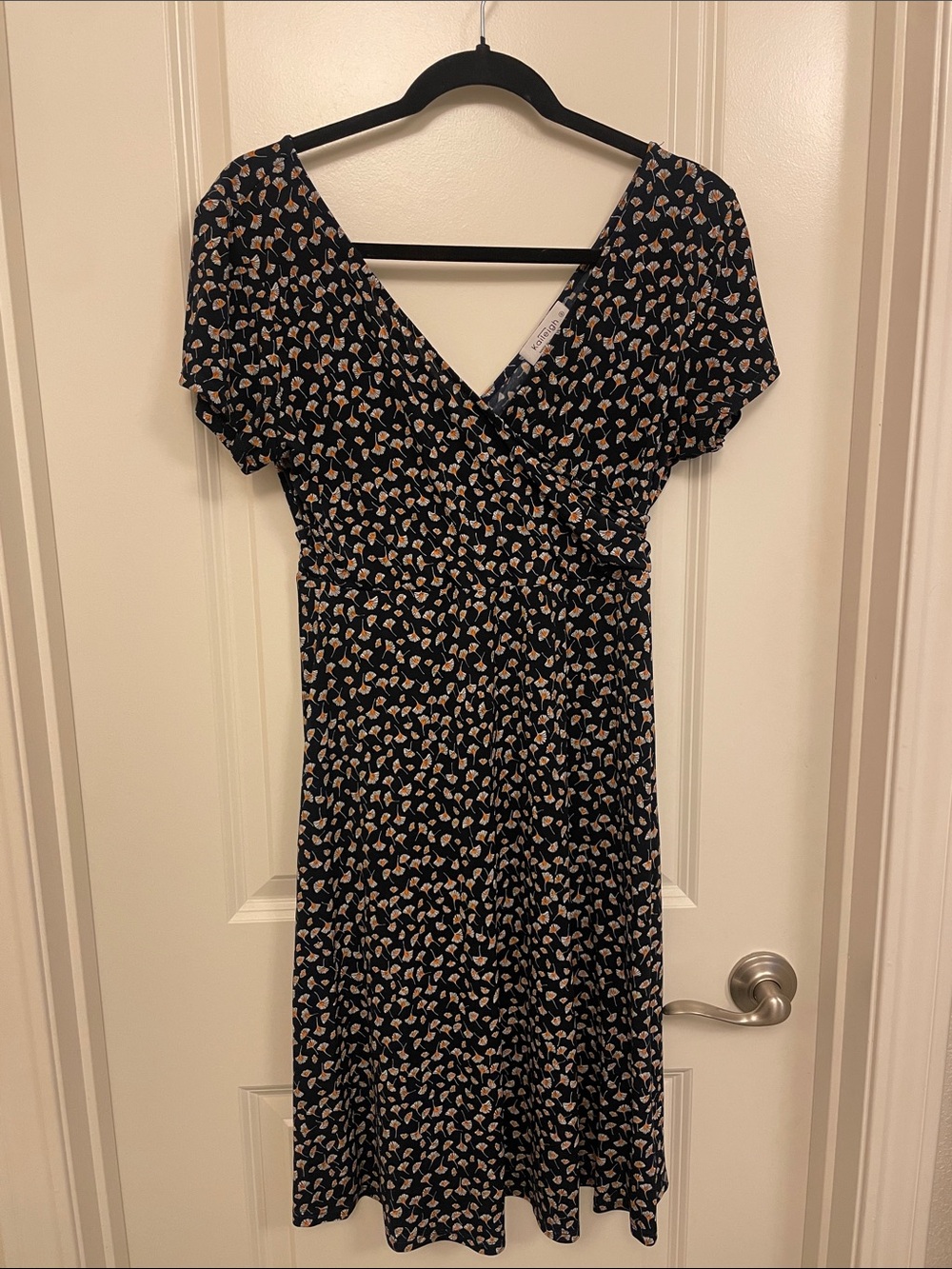 Kaileigh Navy Wrap Dress with Beige Floral Motif